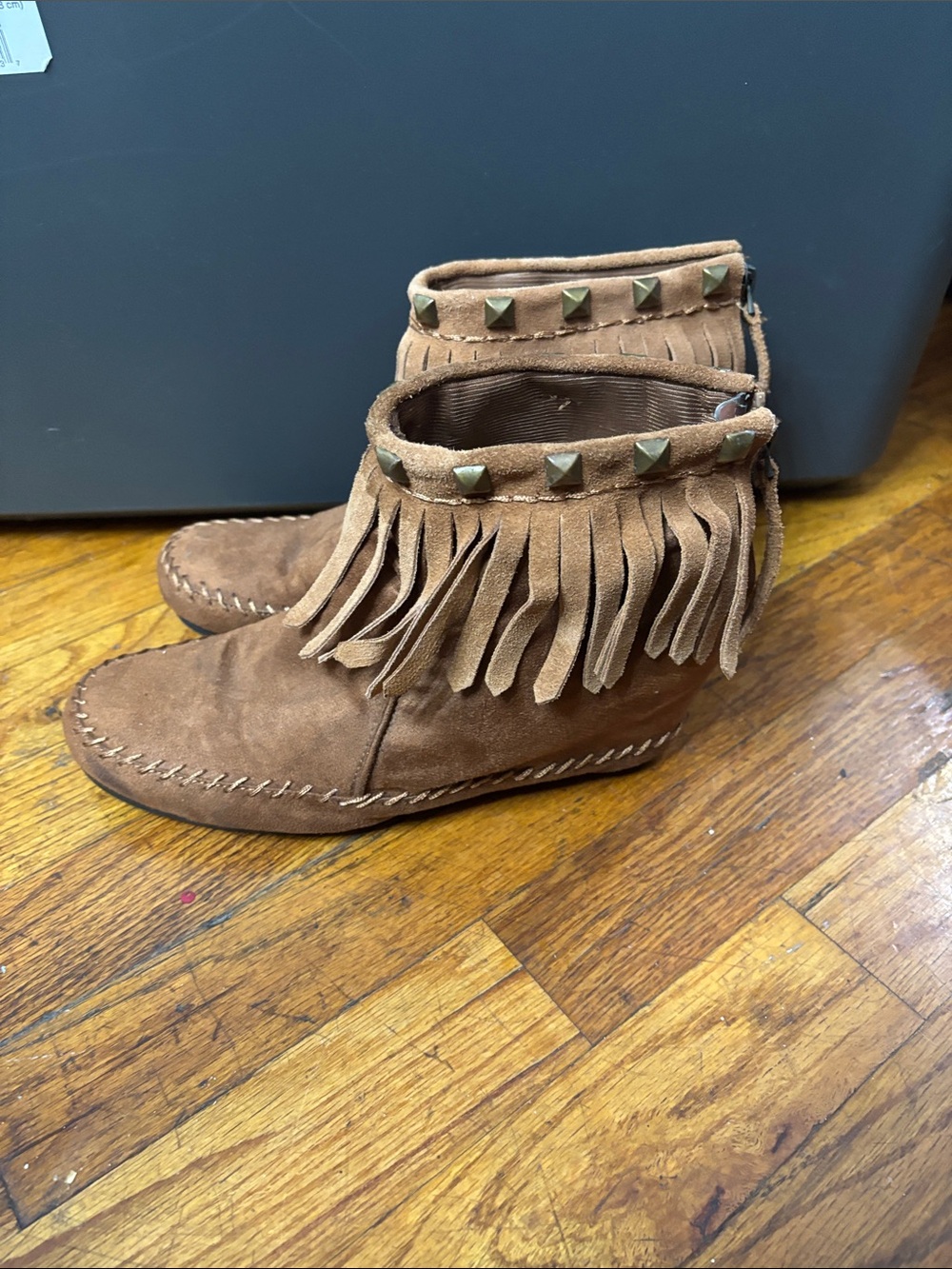 Kids Suede Fringe Moccasin Boots with Stud Detail - Brown